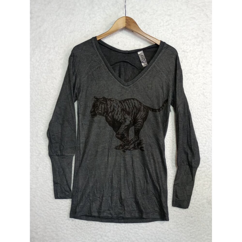 Go Couture Women's Gray Long Sleeve Top Tiger Print Shirt Size M